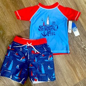 NEW!!!  2T Toddler Boy 2pc swim shirt and trunks Red/white